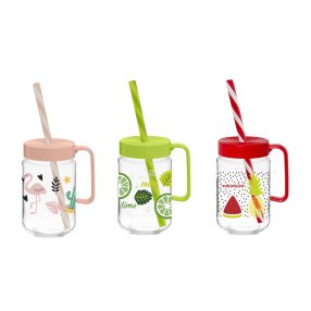 Pohár üveg üdítős+szívószál 370ml