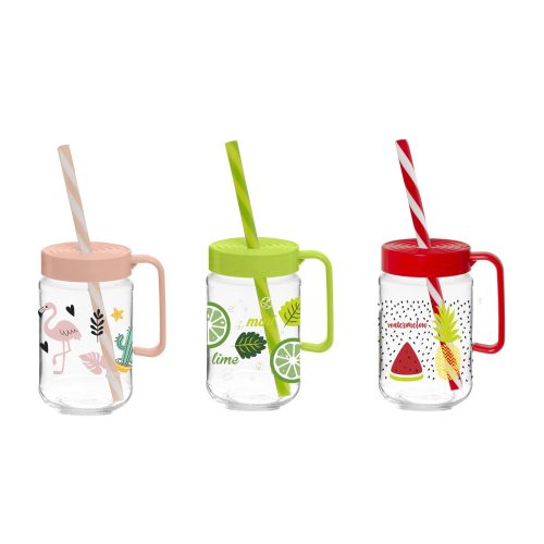 Pohár üveg üdítős+szívószál 370ml